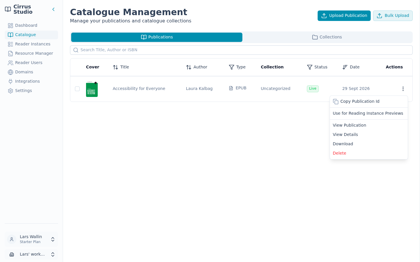 The publication actions menu