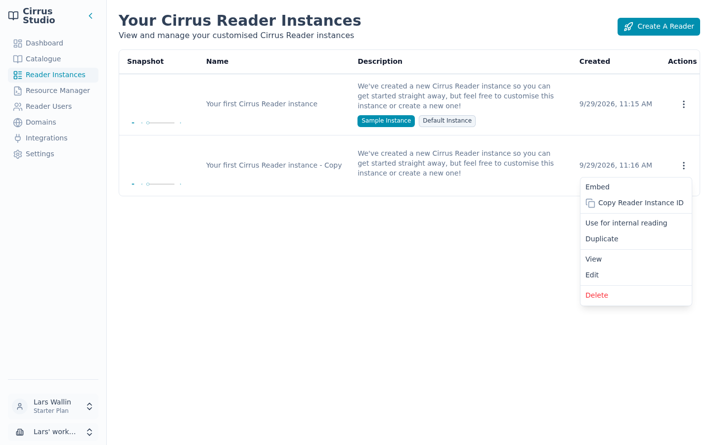 The Reader Instance actions menu