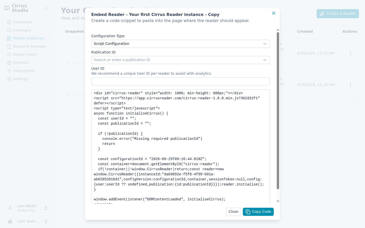 The Embed Reader dialog