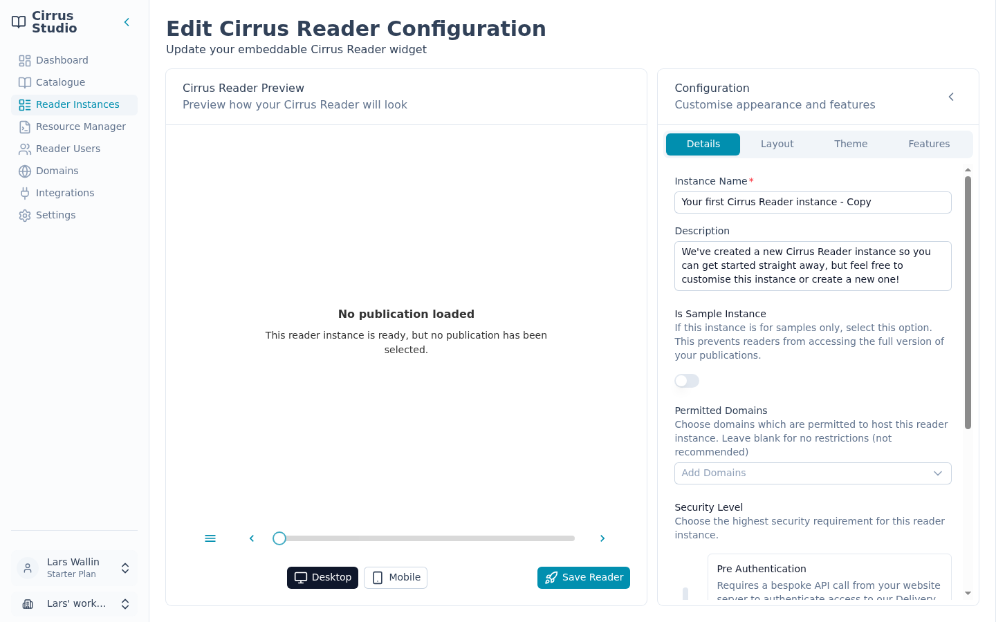 The Reader Instance editor