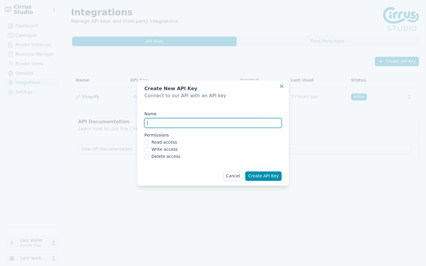 The Create New API Key dialog