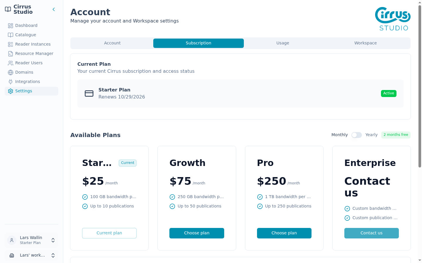 The Subscription tab